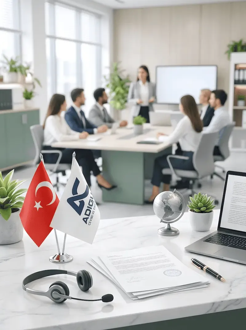 Adıgün Yurt Dışı Eğitim Hakkında 2 Adıgün bayrağı ve belgelerin bulunduğu masa, arkada toplantı hâlindeki ekip